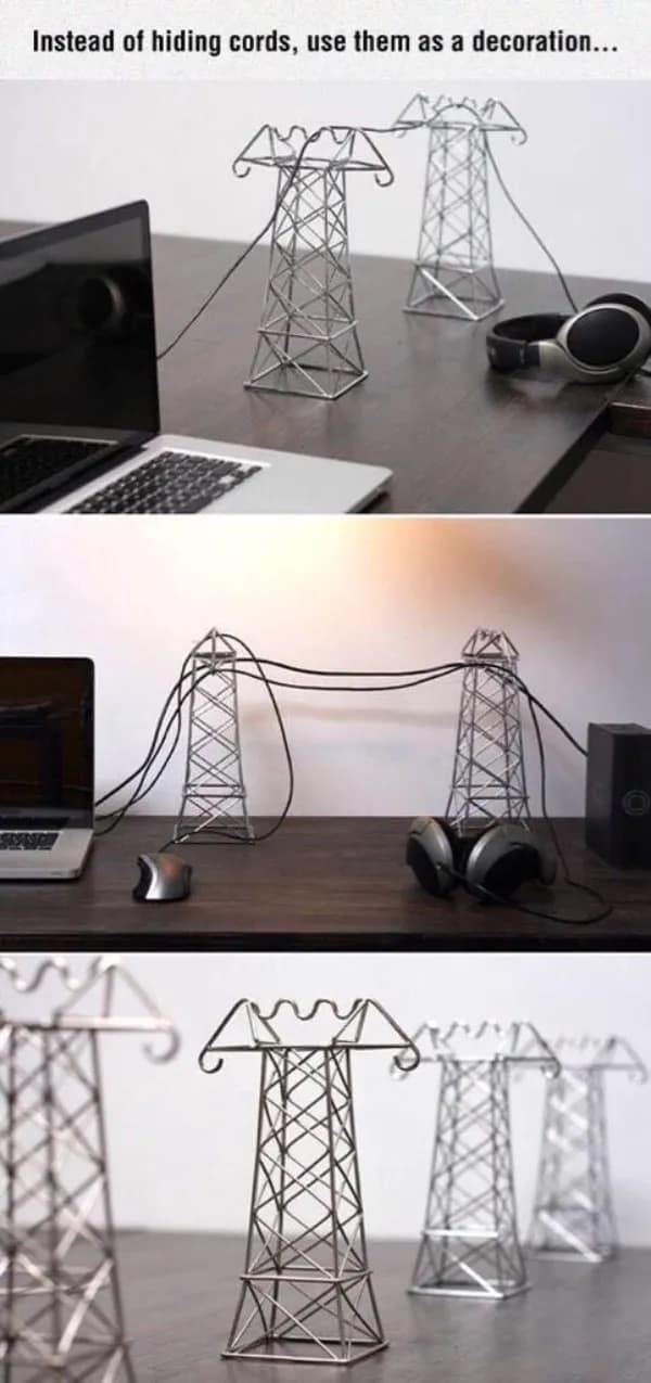 A creative desk organization hack found in this meme dump shows miniature electrical transmission towers used to string up headphone and laptop cords like urban power lines.