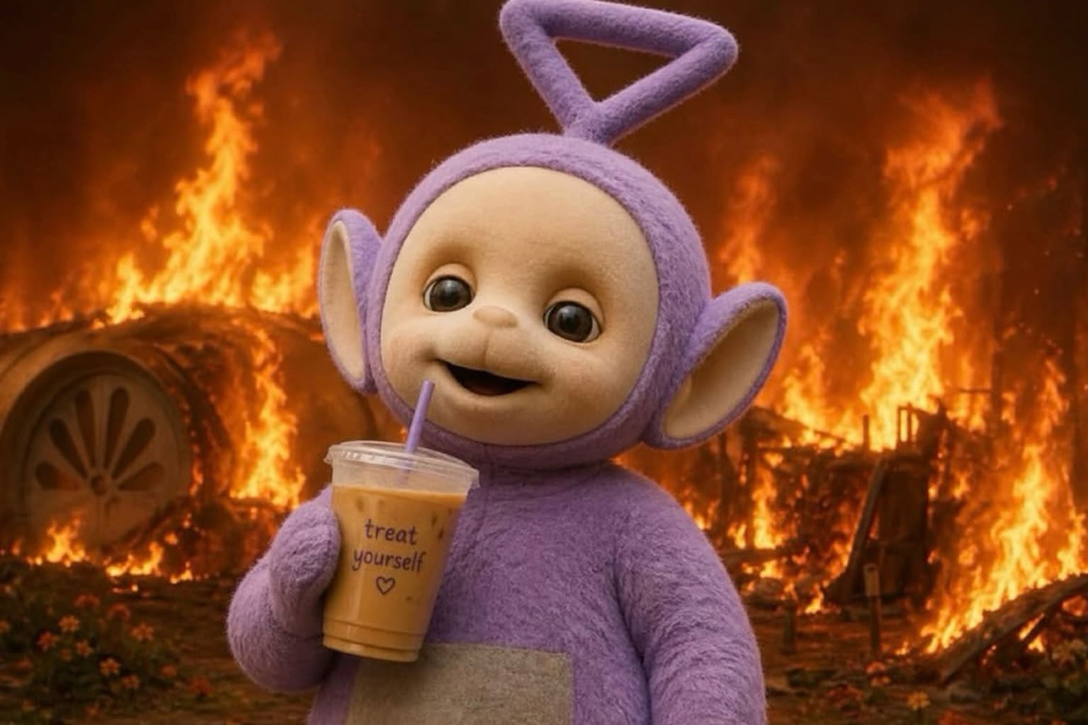 A comprehensive meme dump gallery capturing the unhinged energy of 2026, featuring a "shower reuben" perched on a soap dish, a McDonald's trash bin repurposed as home decor, and the Teletubby Po calmly drinking iced coffee while the world burns in an apocalyptic background.