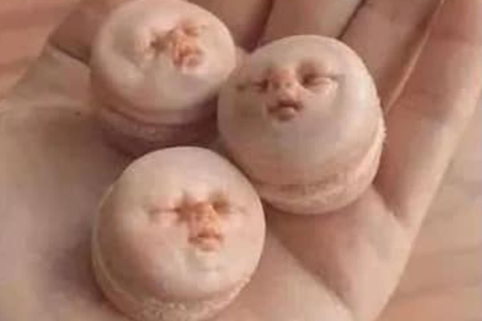 A meme dump gallery compilation featuring a man in knight armor standing next to a person in a banana costume, a vintage kitchen stove edited with the realistic eyes of Steve Buscemi, and hyper-realistic macarons shaped like sleeping baby faces.