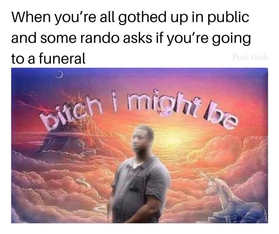 A surreal and classic entry in this meme dump featuring a man standing in a heavenly landscape with a unicorn under the rainbow text, "b*tch i might be." The caption describes the internal response when dressed in full gothic attire and a stranger asks if you are heading to a funeral.