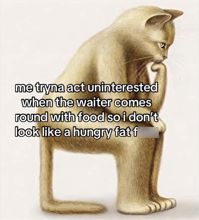 A peak relatable meme dump featuring a cat sitting in the pose of Rodin’s "The Thinker." The text describes the internal performance of trying to act completely uninterested as a waiter approaches with your food to avoid looking overly desperate.