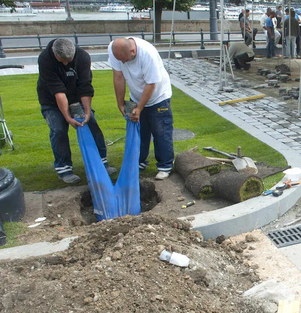 A surreal meme dump photo showing two construction workers standing inside the same pair of oversized blue "V" shaped trousers, each with one leg in a separate trouser leg while working in a park.
