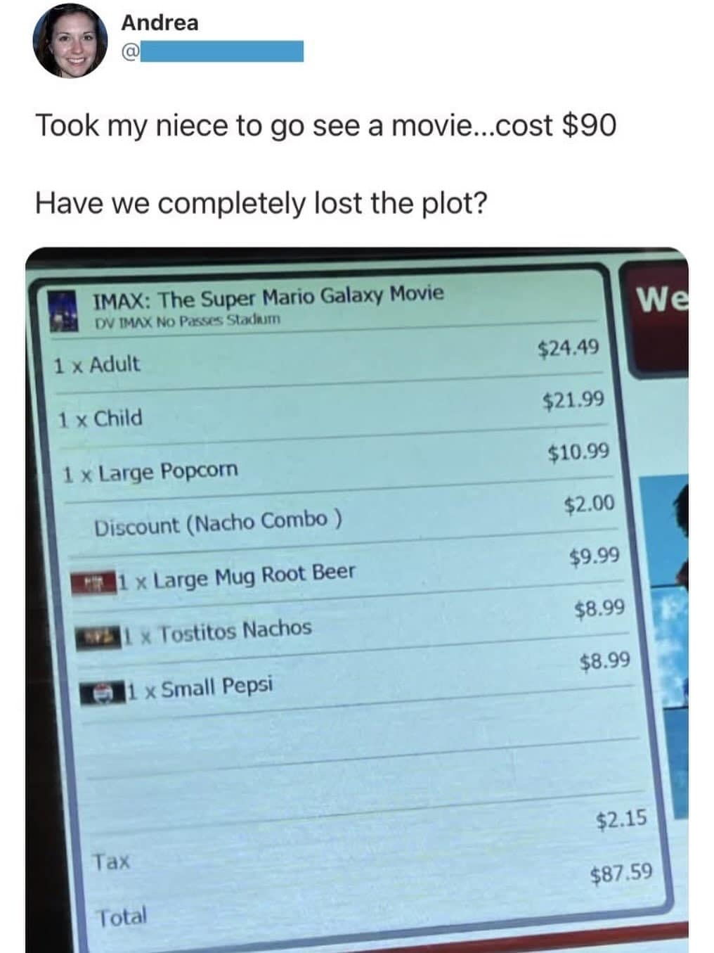 meme dump post showing a movie theater checkout screen totaling $87.59 for one adult, one child, and basic snacks. The caption by Andrea asks, "Have we completely lost the plot?" regarding the soaring cost of a simple afternoon at the cinema.