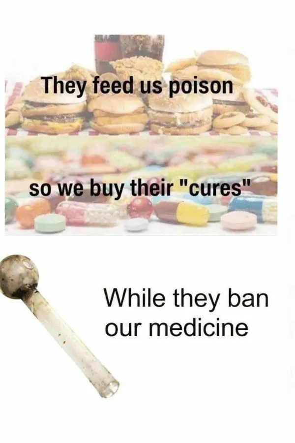 A subversive meme dump graphic parodying health conspiracy theories; it labels fast food as "poison" and pharmaceuticals as "cures," while depicting a dirty glass pipe as the "medicine" they ban.