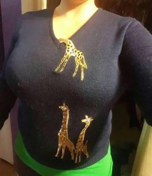 A bizarre fashion-fail meme dump image. A person is wearing a dark blue V-neck sweater featuring gold giraffe graphics. Due to the placement, one giraffe's neck appears to enter the collar and emerge as a massive, elongated neck stretching toward the wearer's chin.
