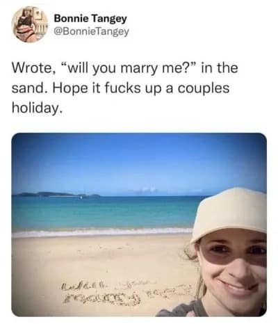 chaotic-evil meme dump entry from Bonnie Tangey, featuring a selfie on a pristine beach after she wrote "will you marry me?" in the sand just to ruin the holidays of unsuspecting visiting couples.