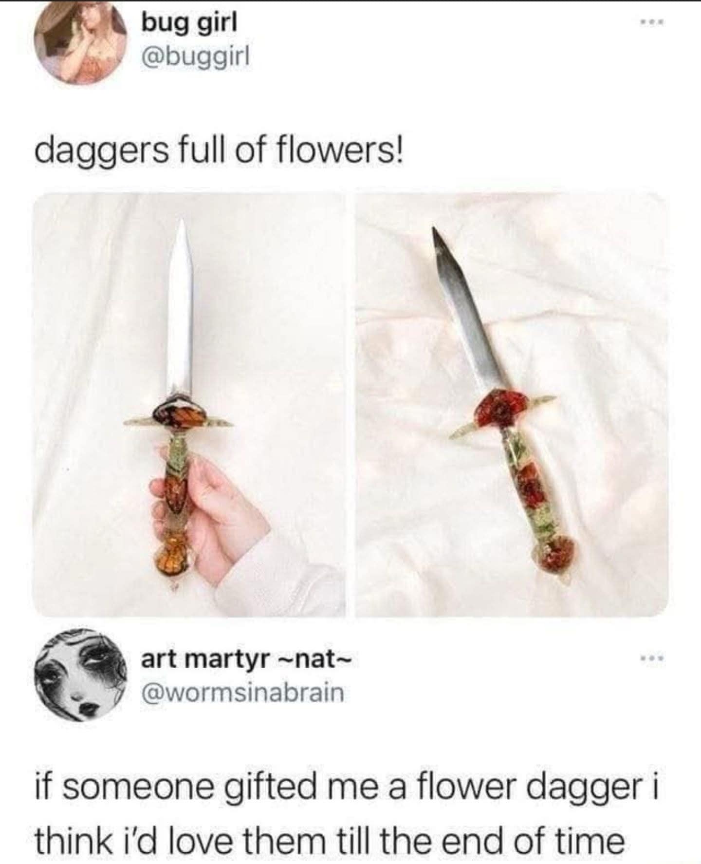 A "cottagecore-goth" meme dump entry featuring aesthetic photos of daggers with clear resin handles filled with dried red and orange flowers, paired with a tweet declaring eternal love for anyone who gifts one.