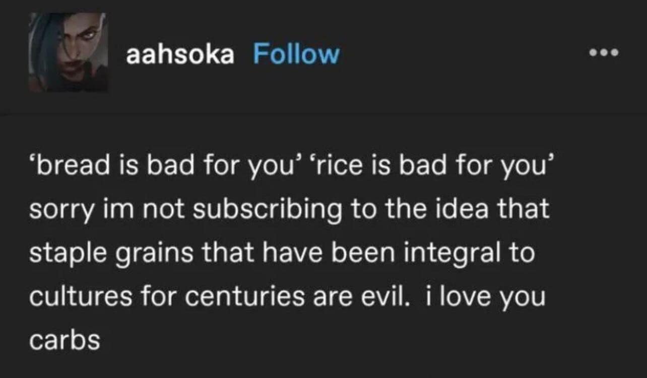 text-based meme dump post from @aahsoka offering a heartfelt defense of carbohydrates. The user refuses to "subscribe" to the idea that staple grains like bread and rice are evil, concluding with a simple, "i love you carbs."