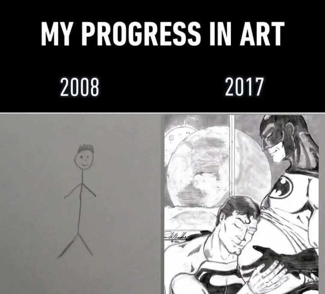 A progress in art funny meme comparing a simple 2008 stick figure drawing to a highly detailed, realistic 2017 sketch of a pregnant Batman being embraced by Superman. It is a classic example of the weirdly specific fan art found in a typical meme dump.