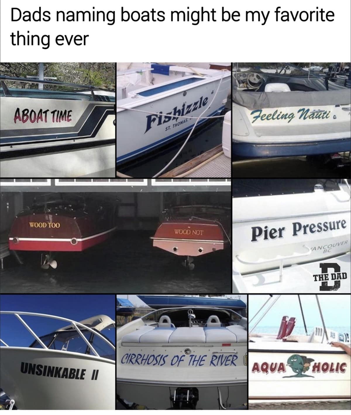 A compilation meme dump celebrating the peak dad-energy of boat names. The grid includes "Aboat Time," "Fishizzle," "Feeling Nauti," "Pier Pressure," "Unsinkable II," "Cirrhosis of the River," and "Aqua-Holic."
