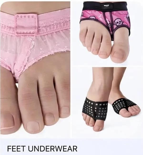 A bizarre and "cursed" meme dump entry showing three different styles of "Feet Underwear." The photos feature tiny, frilly pink panties, skull-patterned briefs, and black mesh thongs designed specifically to be worn on human feet.