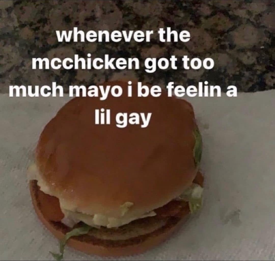 An unhinged hilarious meme featuring a close-up photo of a McDonald's McChicken burger. The caption delivers a bizarre and viral non-sequitur: "whenever the mcchicken got too much mayo i be feelin a lil gay."