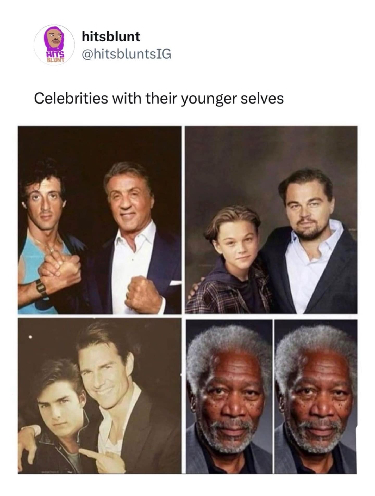 funny meme collage titled "Celebrities with their younger selves." It shows photoshopped images of Sylvester Stallone, Leonardo DiCaprio, and Tom Cruise standing with their younger versions, but the final panel shows two identical photos of Morgan Freeman, joking that he has never aged.