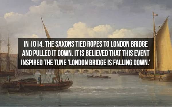 Medieval painting of Thames River with fact about Saxons destroying London Bridge in 1014
