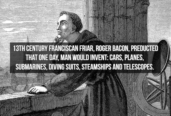 Engraving of Franciscan friar Roger Bacon who predicted cars planes and submarines in 13th century