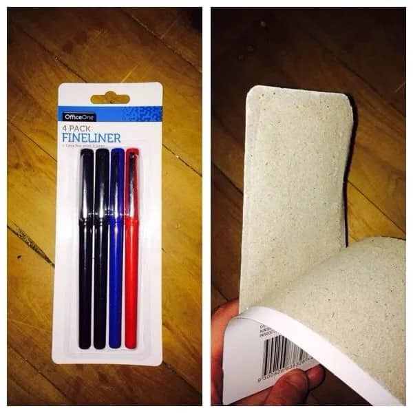 Four-pack fineliner pen packaging sealed so thick the pens are completely hidden inside