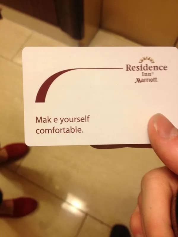 Residence Inn Marriott key card with glaring typo reading "Mak e yourself comfortable"