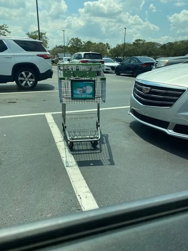 Abandoned shopping cart left directly in the middle of a parking lot space