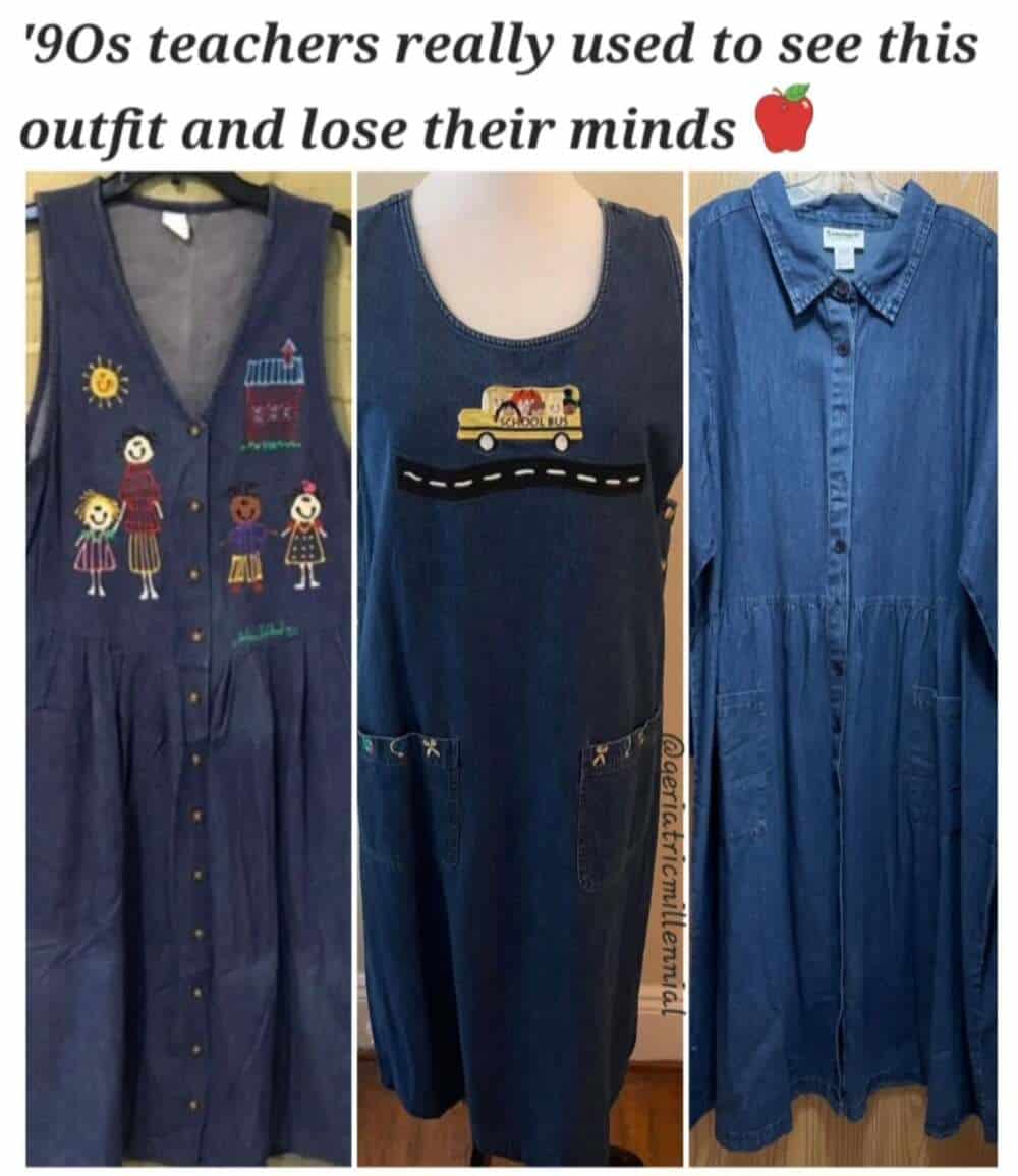 A sartorial millennial meme showing three denim school-themed jumpers. The text mocks the specific 90s "Teacher Core" aesthetic, where wearing a denim vest with a primary-colored school bus on it was the ultimate power move for an educator.