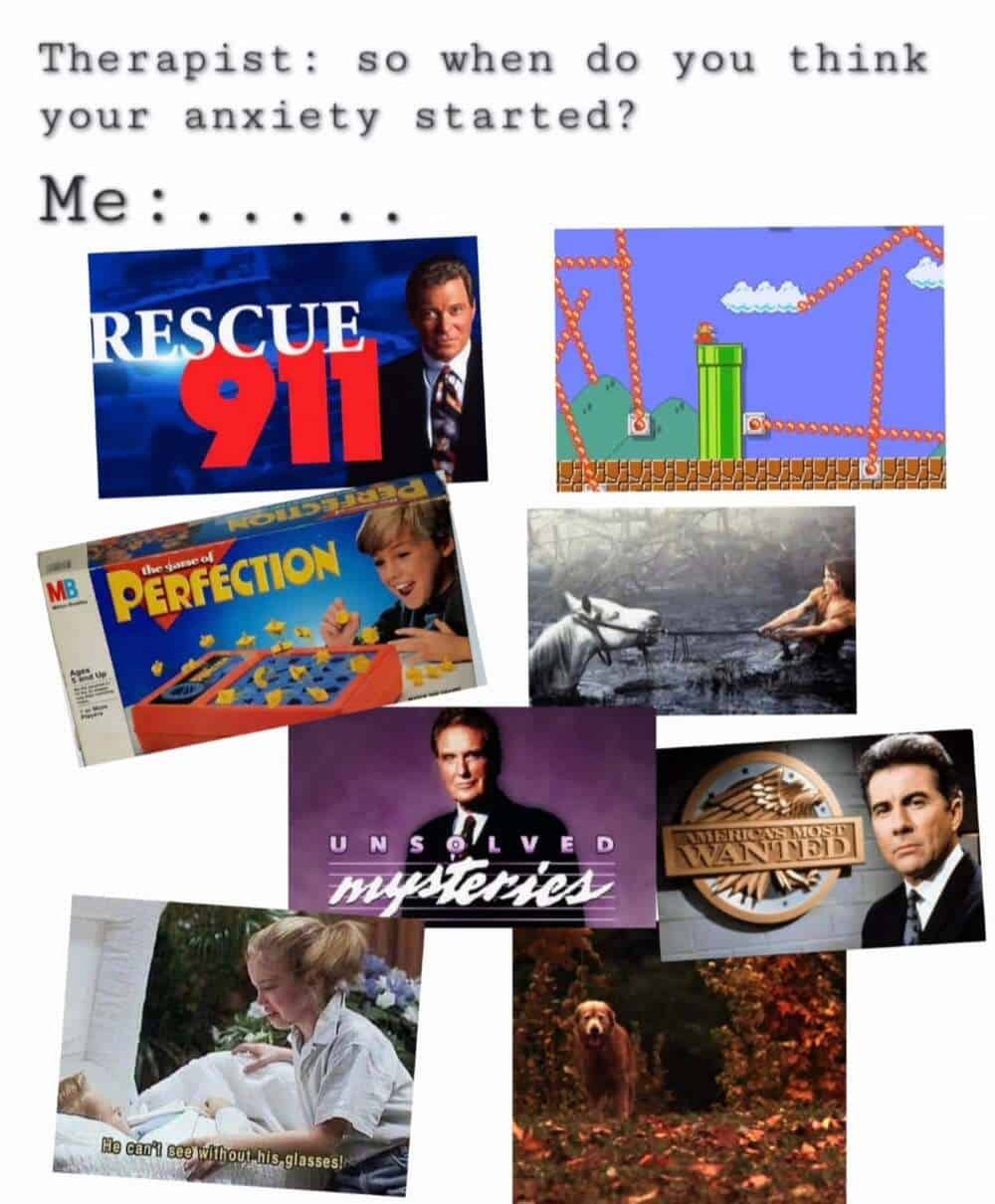 This anxiety-inducing millennial meme presents a collage of core childhood traumas: Artax in the Swamp of Sadness, Vada crying at Thomas J’s funeral in My Girl, and the ominous theme songs of Unsolved Mysteries and Rescue 911.