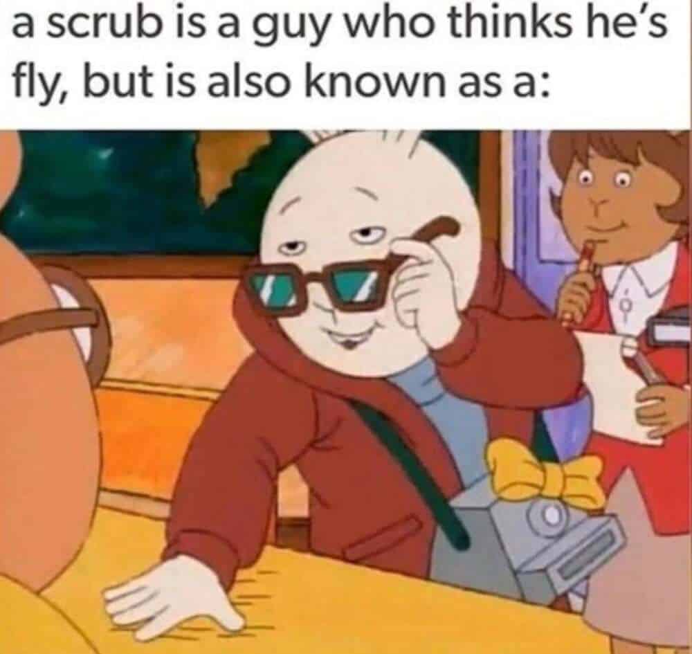 millennial meme using a still of Binky from Arthur adjusting his sunglasses with a smug grin. The top text quotes the iconic TLC lyrics: "a scrub is a guy who thinks he’s fly, but is also known as a:", leaving the generation to finish the line in their heads.