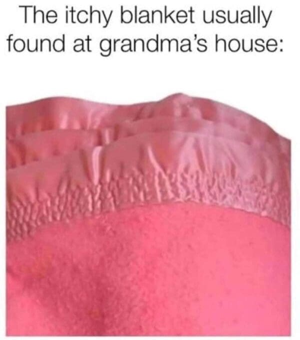 A visceral millennial meme showing a close-up of a neon pink, pilled-up fleece blanket with a shiny, frayed satin border. The text identifies it as "The itchy blanket usually found at grandma's house," triggering a collective memory of static electricity and discomfort.