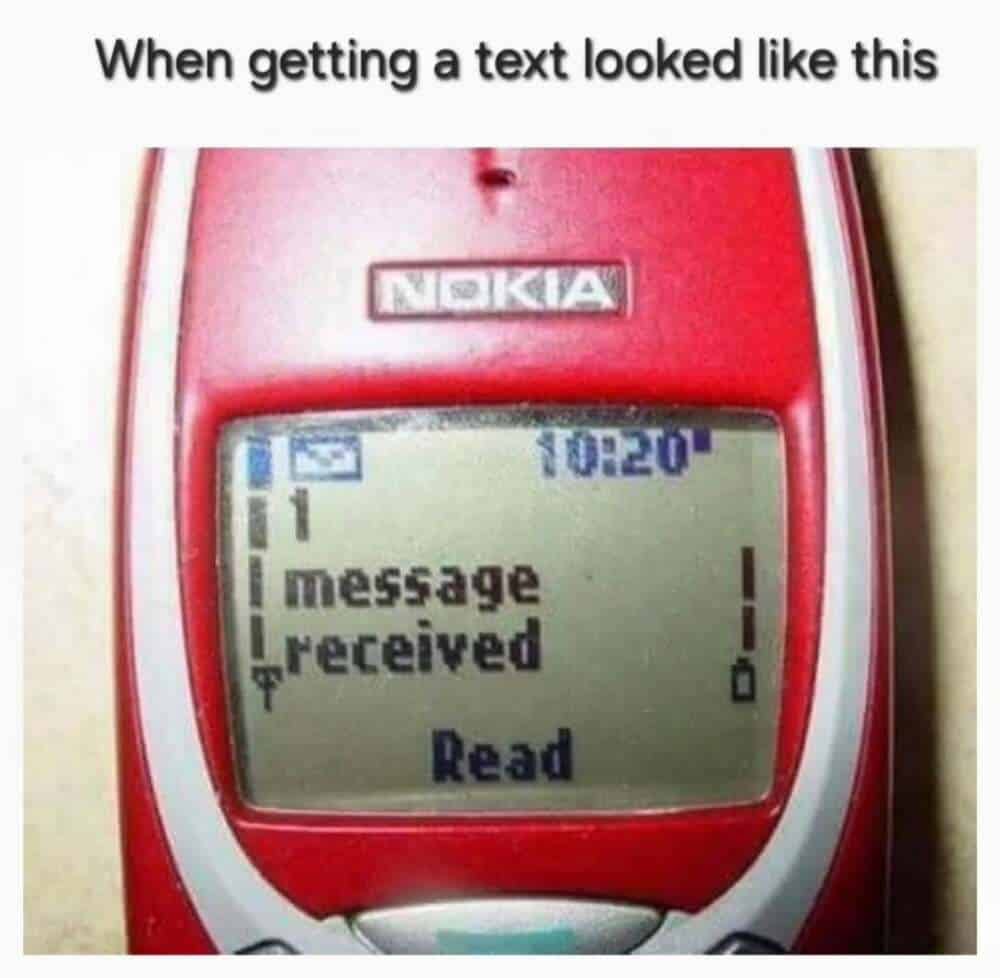 A nostalgic millennial meme featuring the low-res, monochrome screen of a red Nokia brick phone. The screen displays the heart-racing text "1 message received," a relic from an era before instant gratification and unlimited data.