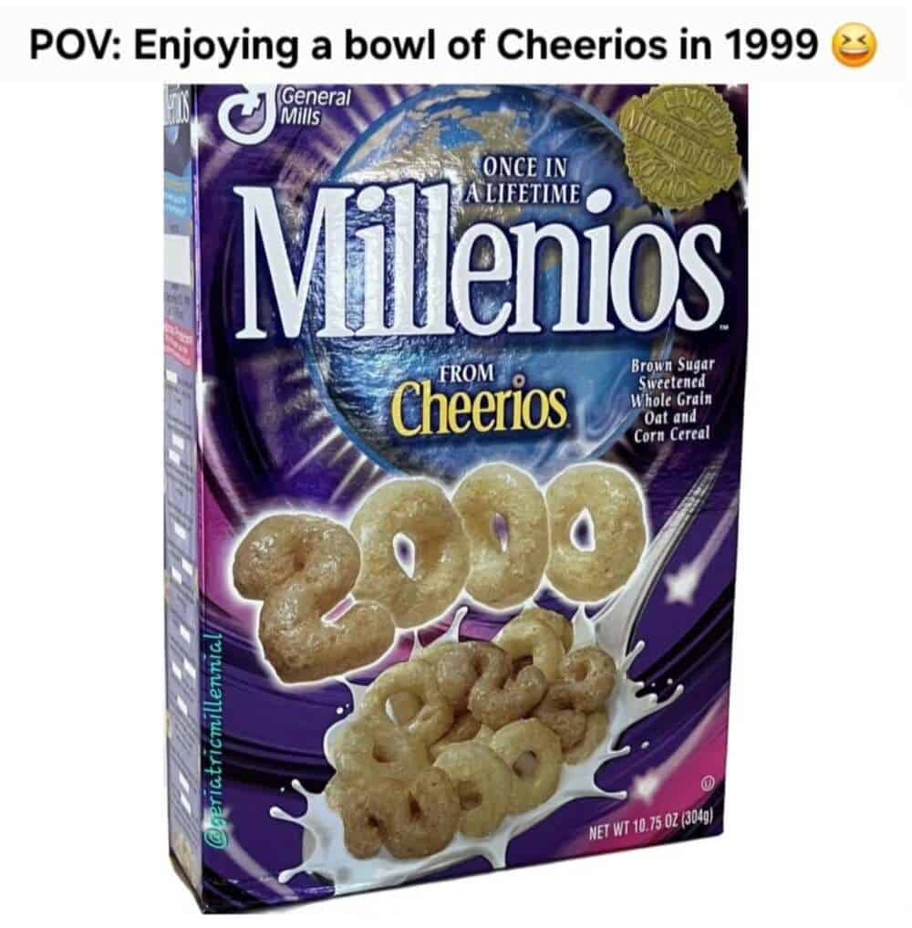 millennial meme featuring a box of "Millenios" cereal from Cheerios, released for the year 2000. The rings are shaped like "2000," representing the peak Y2K hype that defined the childhood of an entire generation.