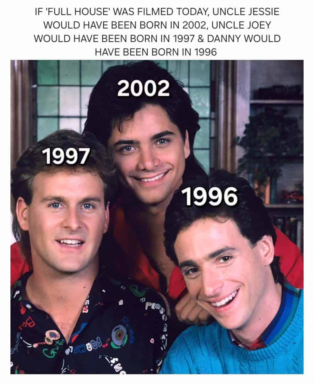 A soul-crushing millennial meme displaying the Full House trio. Text at the top does the math for 2026, revealing that a modern Uncle Jesse would be a 2002 baby, effectively turning everyone's favorite childhood heartthrob into a Gen Z youth.