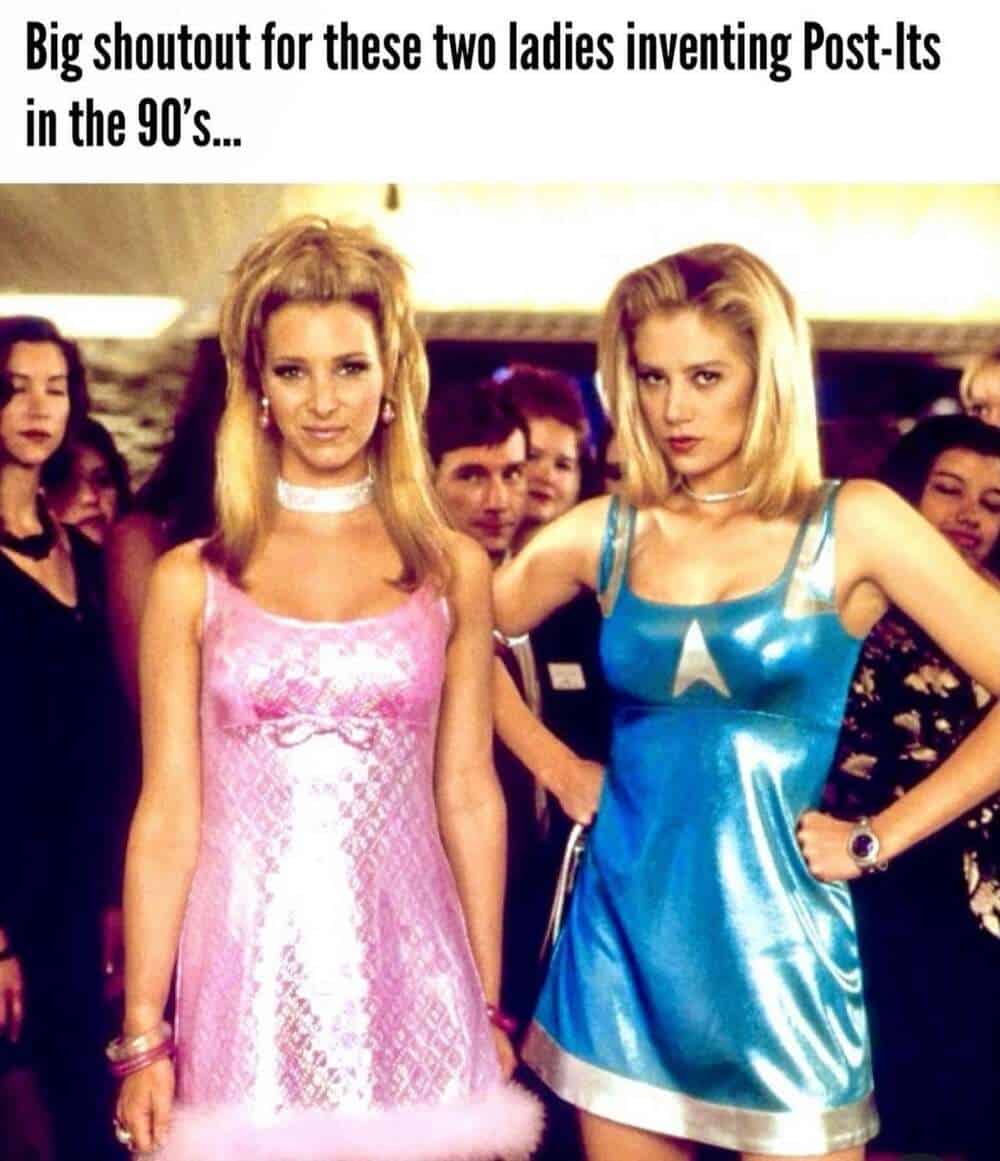 A high-fashion millennial meme featuring Lisa Kudrow and Mira Sorvino in their legendary pink and blue metallic mini-dresses from Romy and Michele's High School Reunion. The caption gives a "big shoutout" to the pair for their fictional claim of inventing Post-Its in the 90s.