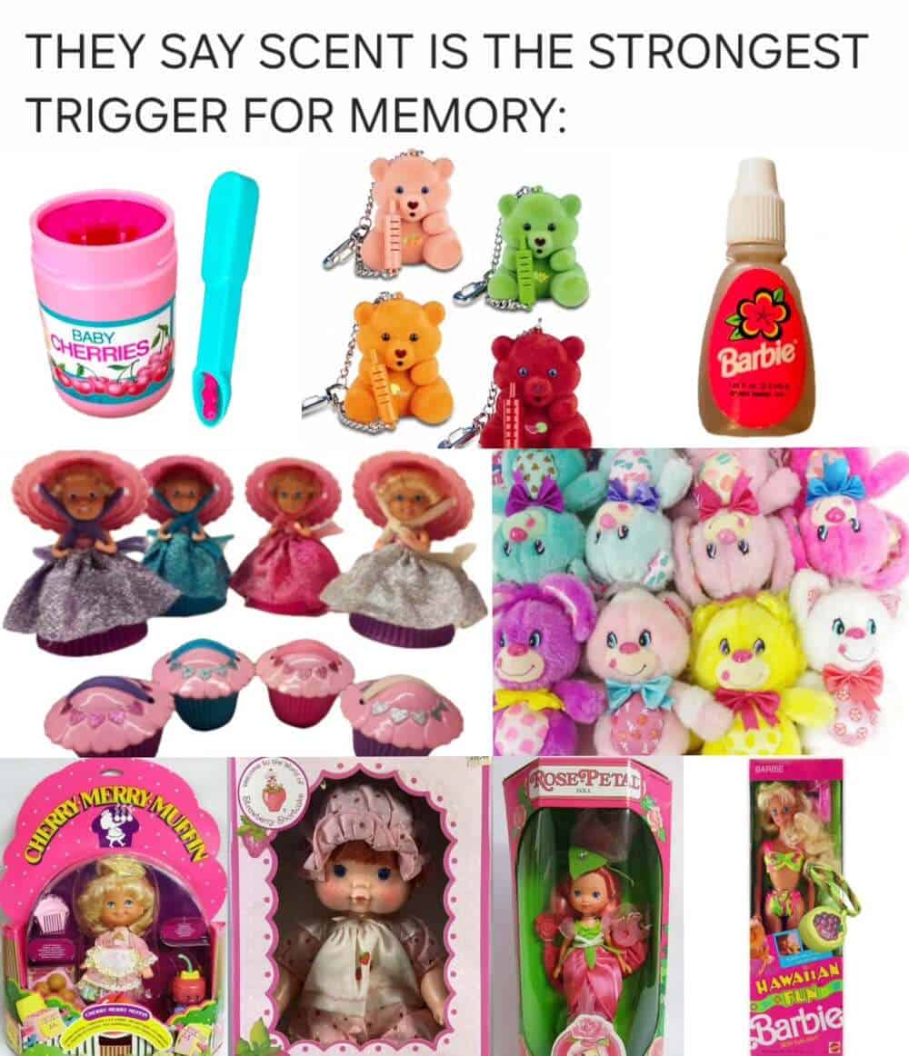 This sensory-focused millennial meme features a collage of scented 90s relics, including Strawberry Shortcake dolls, cupcake-to-doll transformers, and Hawaiian Fun Barbie. The text argues that scent is the strongest trigger for memory, instantly transporting the viewer back to a plastic-scented toy aisle.