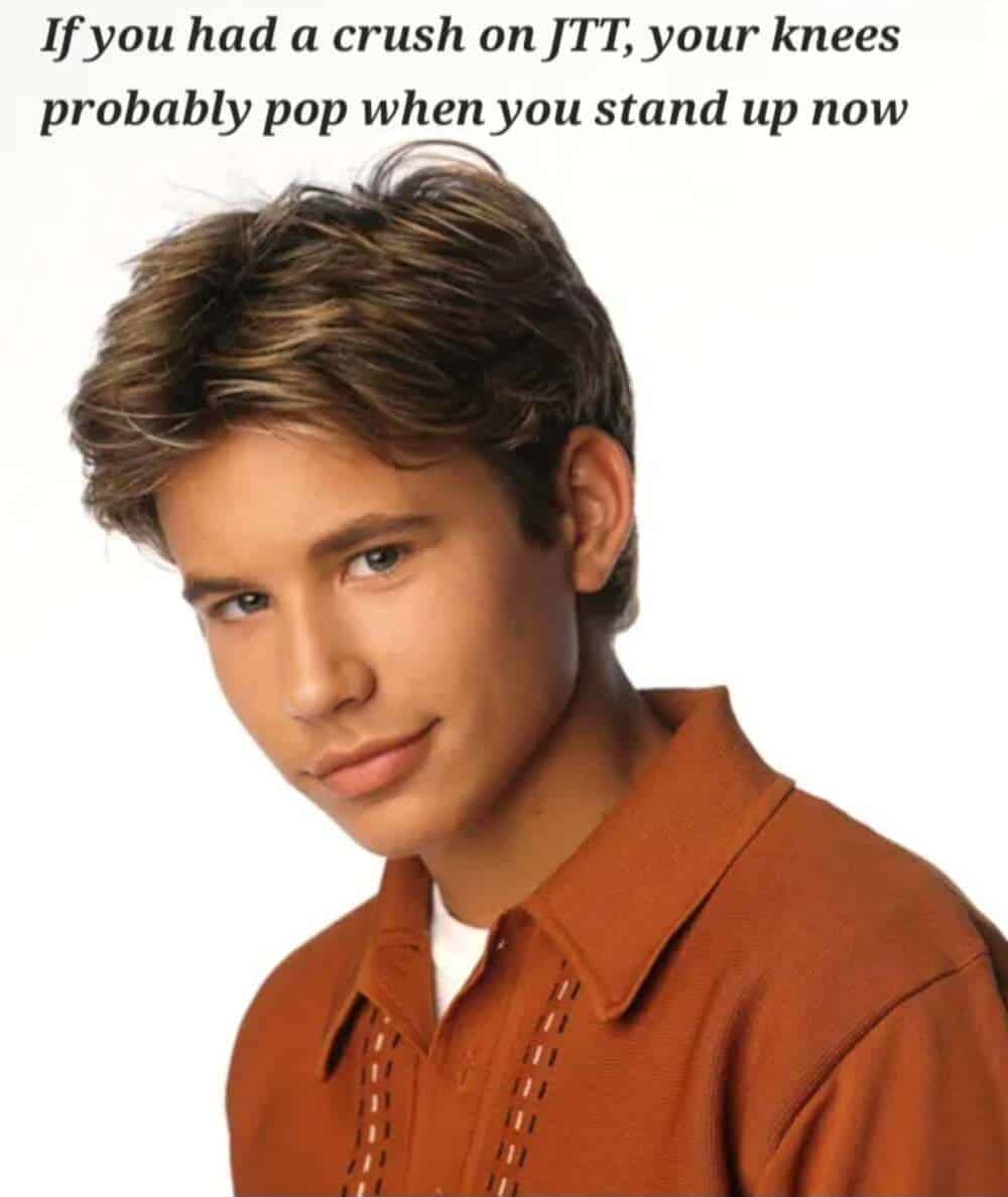 millennial meme featuring a classic teen magazine headshot of Jonathan Taylor Thomas (JTT) in a rust-colored polo. The text delivers a harsh age-based reality check: if you had a crush on this 90s heartthrob, your knees likely make a loud popping sound every time you stand up.