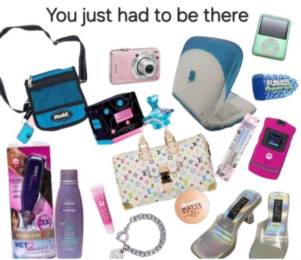 A comprehensive millennial meme starter pack of 2000s nostalgia. Items include a Motorola Razr, an original iPod Mini, an iBook G3, and a container of Maybelline Dream Matte Mousse, capturing the specific aesthetic of a decade long gone.