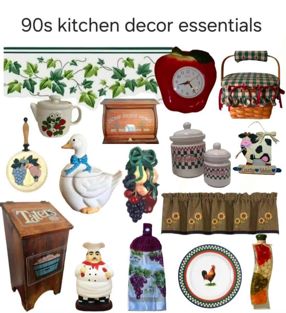 A comprehensive inventory of 90s kitchen decor essentials serves as a perfect millennial meme. The collage includes ivy wallpaper borders, ceramic geese with blue ribbons, "Taters" bins, and decorative oil bottles filled with peppers and garlic that no one was allowed to open.