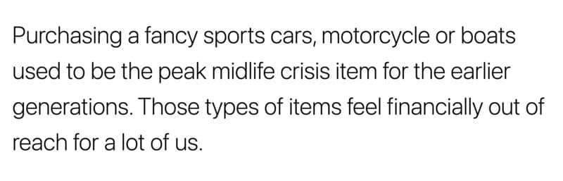 Reddit text explaining sports cars and boats feel financially out of reach for millennials unlike prior generations