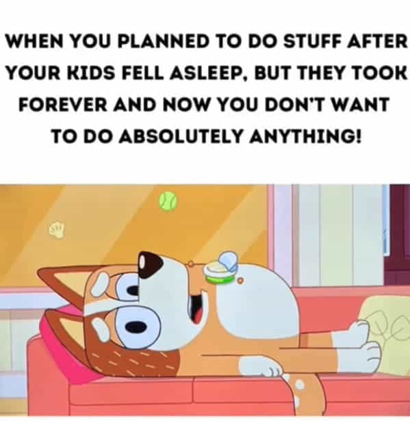 Bluey's dad Bandit collapsed exhausted on couch after kids finally fell asleep mom relatable meme