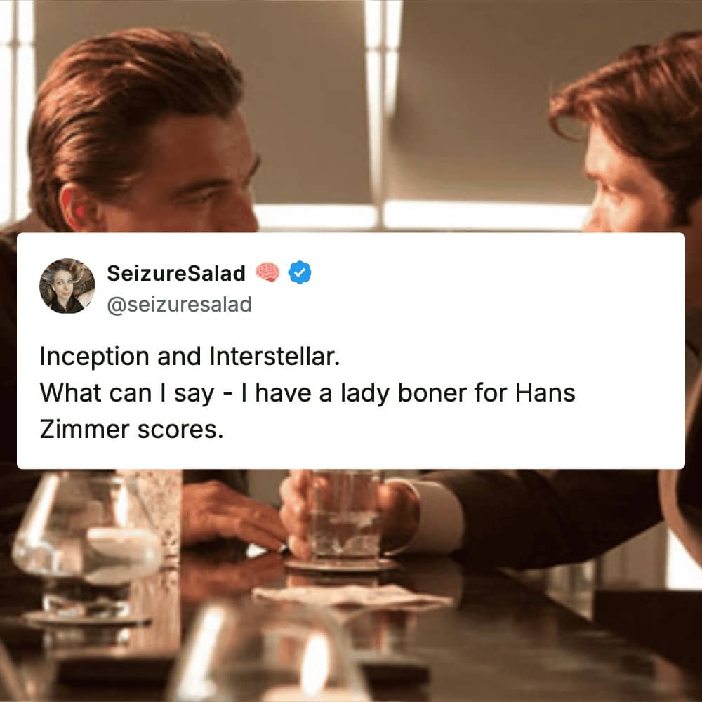 Leonardo DiCaprio and Cillian Murphy in Inception discuss Hans Zimmer film scores in social post.