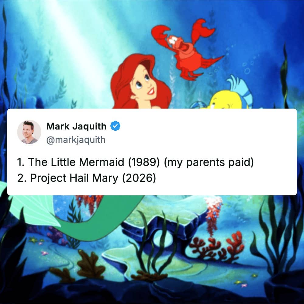Ariel and Sebastian from The Little Mermaid 1989 compared to Project Hail Mary 2026.