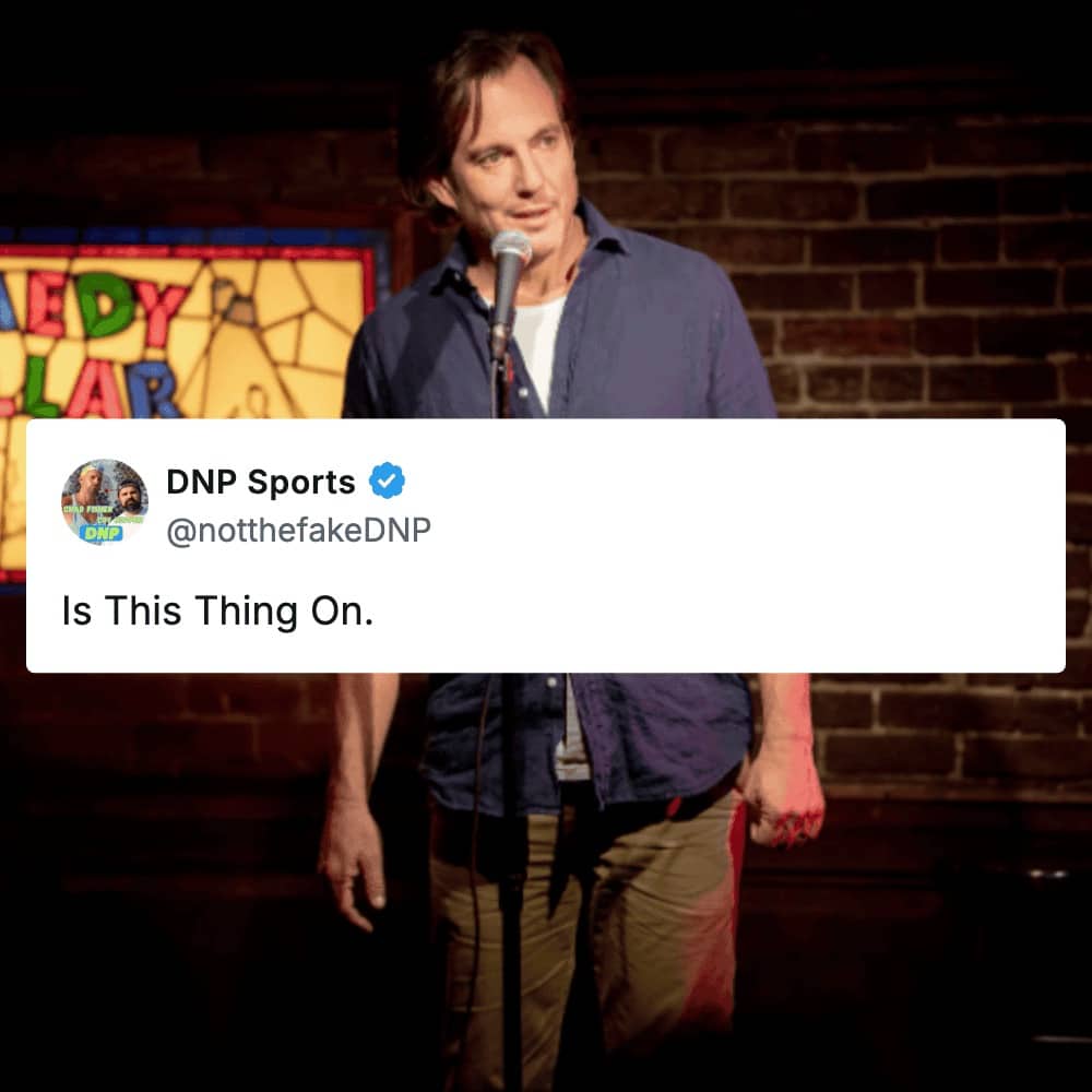 Will Arnett performing stand-up comedy on stage under a social media post asking a question.