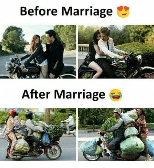 A "reality check" motorcycle meme comparing two life stages. "Before Marriage" shows romantic photos of couples on clean bikes; "After Marriage" shows scooters in developing countries absolutely buried under massive bags of produce and supplies, with the couple barely visible.