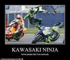 motorcycle meme capturing a chaotic moment on a race track. One rider has leaped into the air off their bike, mid-air-kicking toward another racer. The caption puns: "KAWASAKI NINJA / Some people take it too seriously."