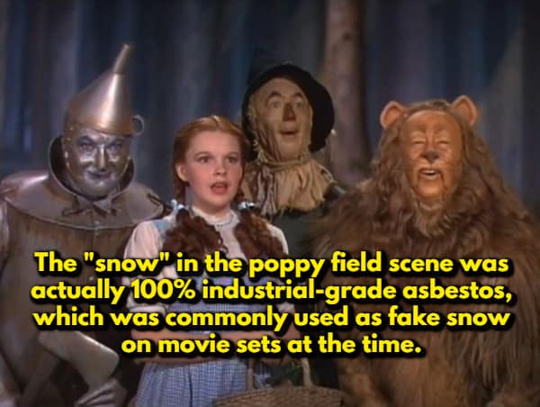 A random movie fact featuring Dorothy and her friends in the poppy field from The Wizard of Oz. The text provides a grim historical detail: the "snow" falling on the actors was actually 100% industrial-grade asbestos.