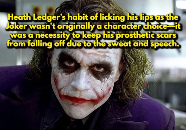 A random movie fact featuring a close-up of Heath Ledger’s Joker with messy face paint and prosthetic scars. The text reveals his signature lip-licking was a practical necessity to prevent his facial prosthetics from detaching due to sweat and talking.