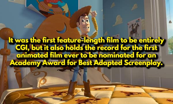 A random movie fact featuring Woody from Toy Story standing on Andy’s bed. The yellow text confirms it was the first feature-length film to be entirely CGI and holds the record as the first animated film ever nominated for an Academy Award for Best Adapted Screenplay.