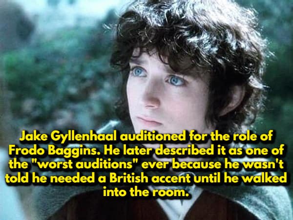 A random movie fact with a still of Elijah Wood as Frodo Baggins. The text shares a high-stakes "what if": Jake Gyllenhaal auditioned for the role and described it as one of his worst auditions ever because he wasn't told he needed a British accent until the moment he began.
