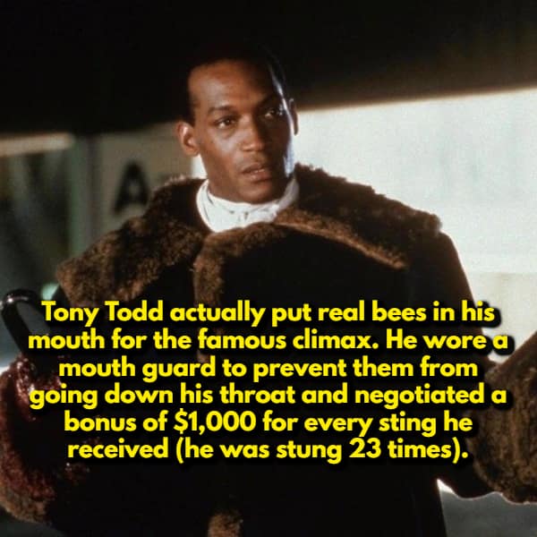 A random movie fact featuring Tony Todd in the 1992 horror classic Candyman. The text details the actor’s incredible commitment: he put real bees in his mouth for the climax, wearing a mouth guard and negotiating a $1,000 bonus for every sting (he was stung 23 times).