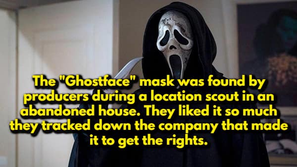 A random movie fact featuring the terrifying Ghostface from the Scream franchise holding a knife. The text explains that the iconic mask was discovered by producers in an abandoned house during a location scout, leading them to track down the manufacturer for the rights.