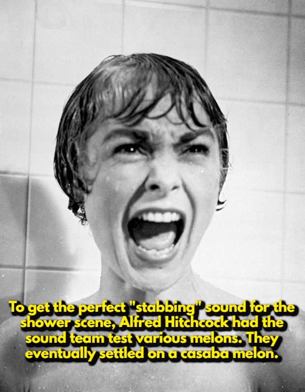 A random movie fact over the legendary black-and-white shower scene from Alfred Hitchcock's Psycho. The text details how the sound team tested various melons to find the perfect "stabbing" sound effect, eventually settling on a casaba melon.