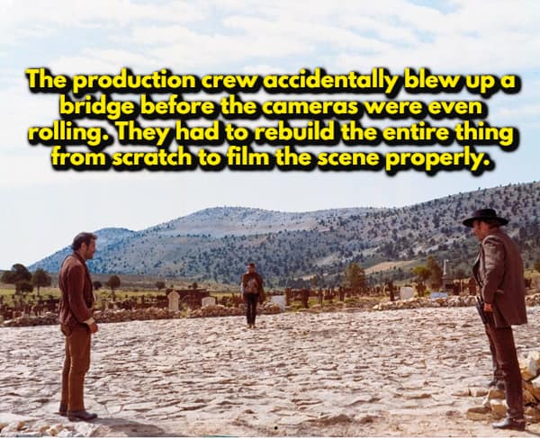 A random movie fact showing the three-way standoff at the end of The Good, the Bad and the Ugly. The text details a massive blunder where the production crew accidentally blew up a bridge before the cameras were rolling, forcing them to rebuild the entire structure.
