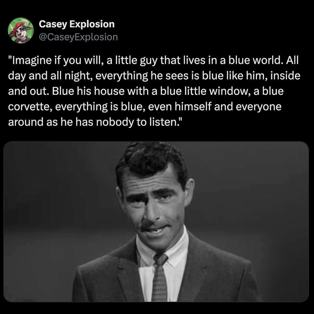 Twilight Zone narrator style tweet describing Eiffel 65 Blue song as dramatic episode pitch